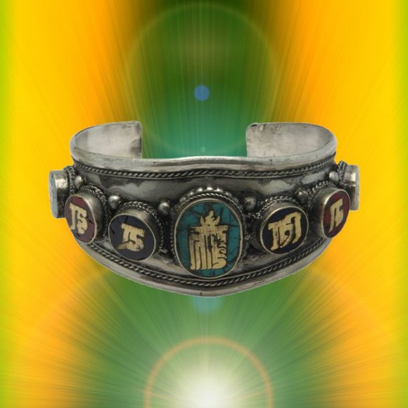 Multi Color Kalachakra White Metal Bracelet - Picture 2 of 3